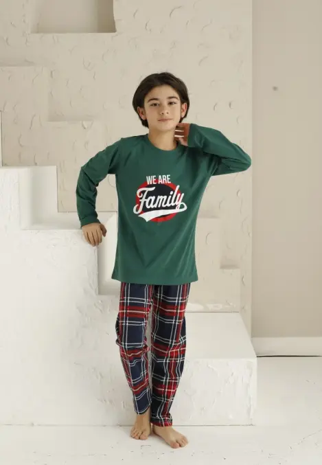 Pijama Băieți, Mânecă Lungă si Pantaloni Lungi, Imprimeu We Are Family,Culoare Verde,Engros